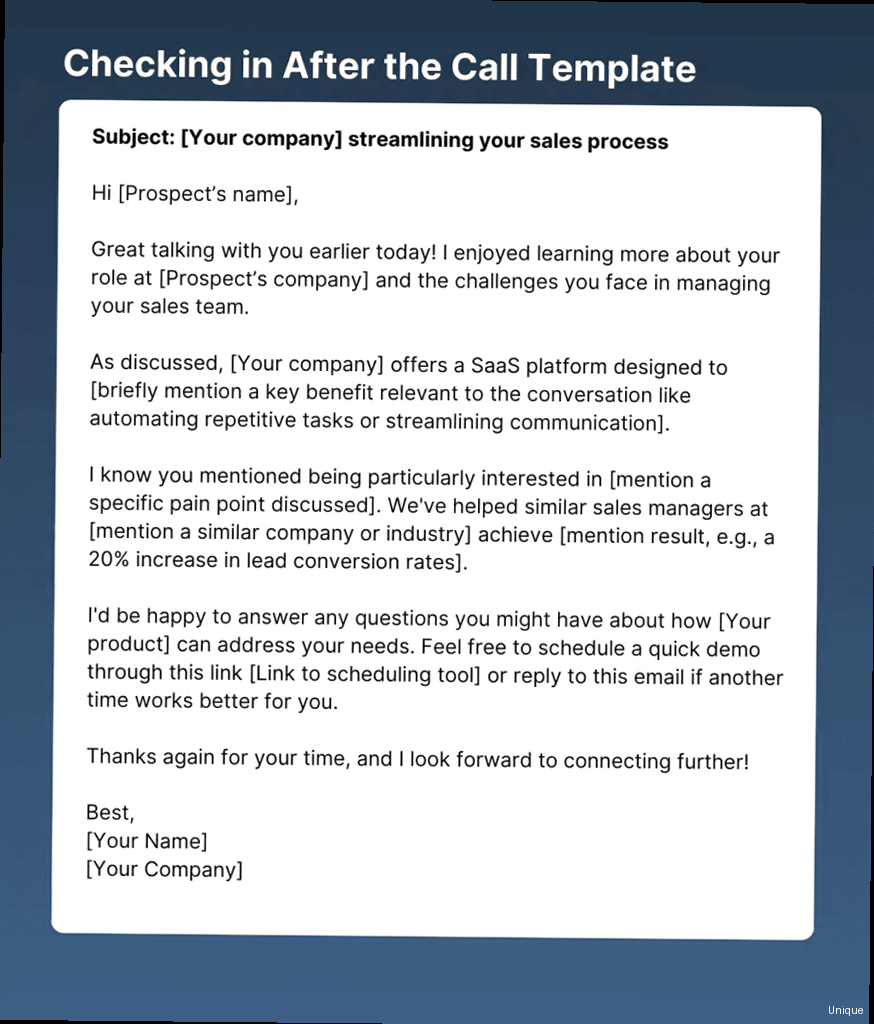 Illustration for Example of a personalized email with the prospect's name, company, and specific interests mentioned. Image should highlight the custom fields in the email. How to write a follow up email after a cold call - Example of a personalized email with the prospect's name, company, and specific interests mentioned. Image should highlight the custom fields in the email.