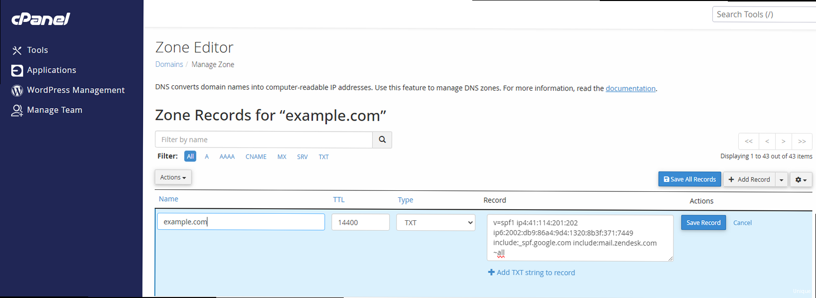 Illustration for Screenshot of a DNS management interface, highlighting the area where TXT records are added or edited. Zorgmail spf record - Screenshot of a DNS management interface, highlighting the area where TXT records are added or edited.