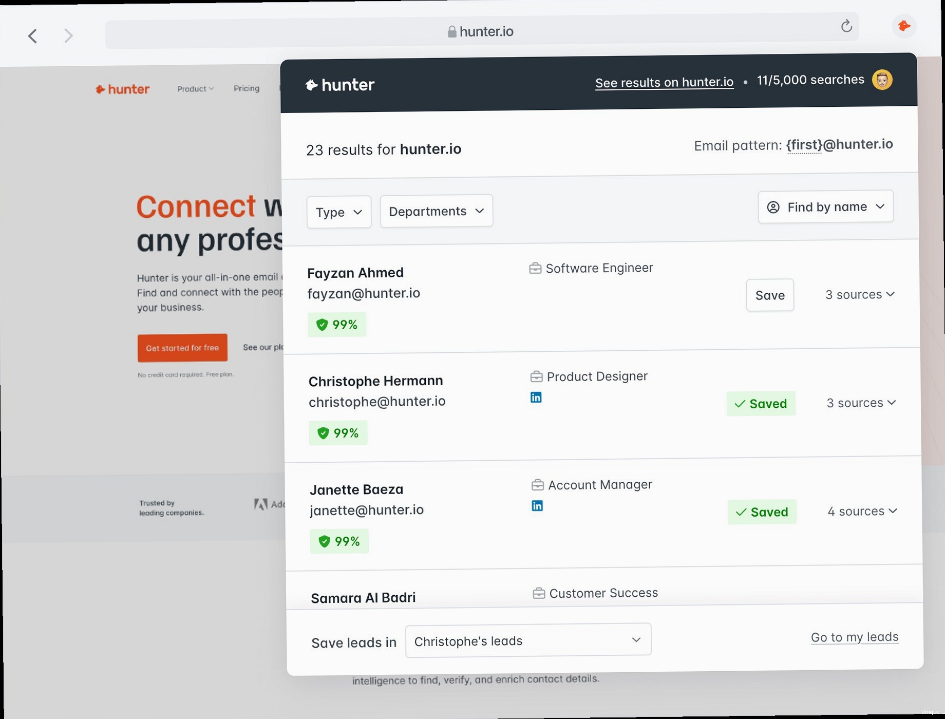 Get business email addresses with hunter.io - Hunter.io dashboard screenshot showing email finding and verification features