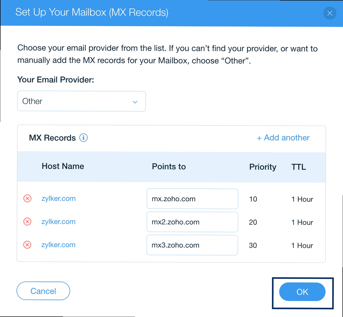 Illustration for Screenshot of a DNS management interface showing the addition of MX records. Mx record for zoho mail - Screenshot of a DNS management interface showing the addition of MX records.