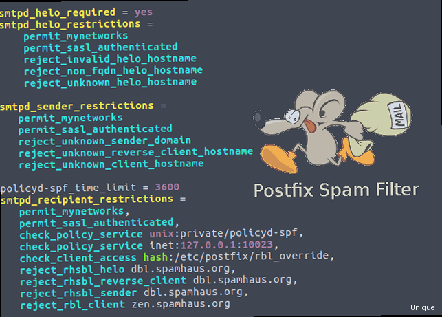 Illustration for Screenshot of a Postfix configuration file showing rate limiting settings. How to stop spam bombing - Screenshot of a Postfix configuration file showing rate limiting settings.