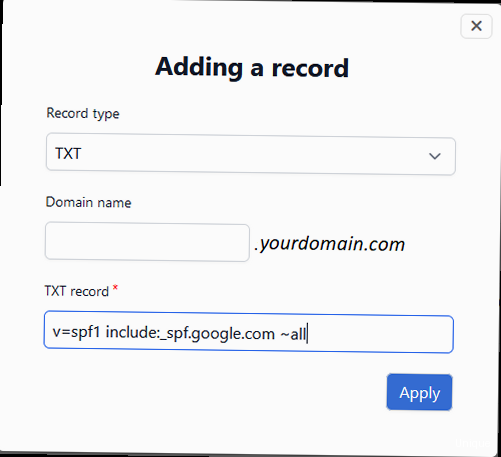 Illustration for Screenshot of a DNS management interface showing the addition of a TXT record with the SPF value. Spf record for google hosted email - Screenshot of a DNS management interface showing the addition of a TXT record with the SPF value.