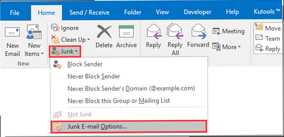 Illustration for A screenshot showing the location of the Junk Mail settings in Outlook's ribbon, with options like 'Junk Email Options' highlighted. How to eliminate spam email in outlook - A screenshot showing the location of the Junk Mail settings in Outlook's ribbon, with options like 'Junk Email Options' highlighted.