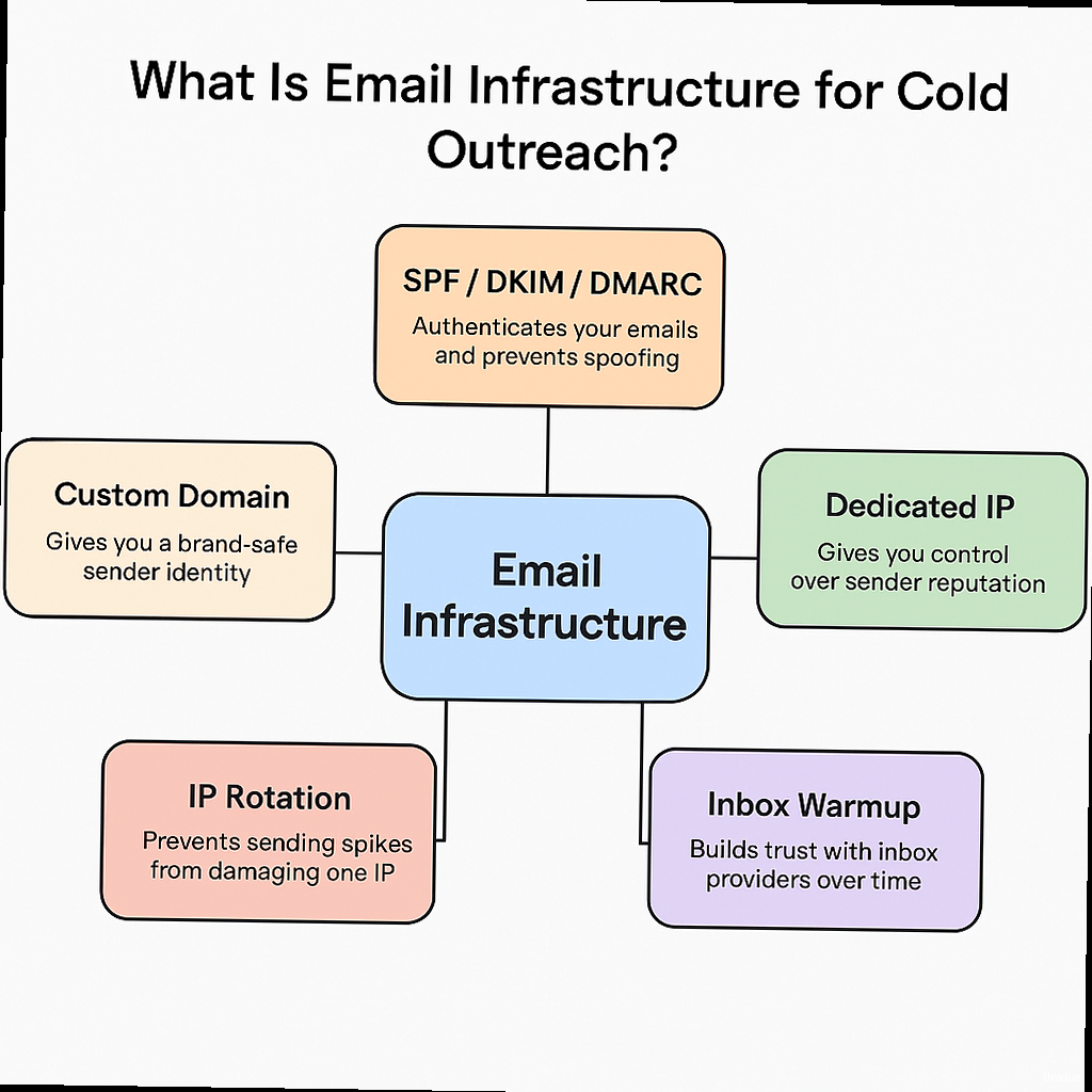 How to cold email - Illustration of email infrastructure setup, including domain authentication and sender reputation.