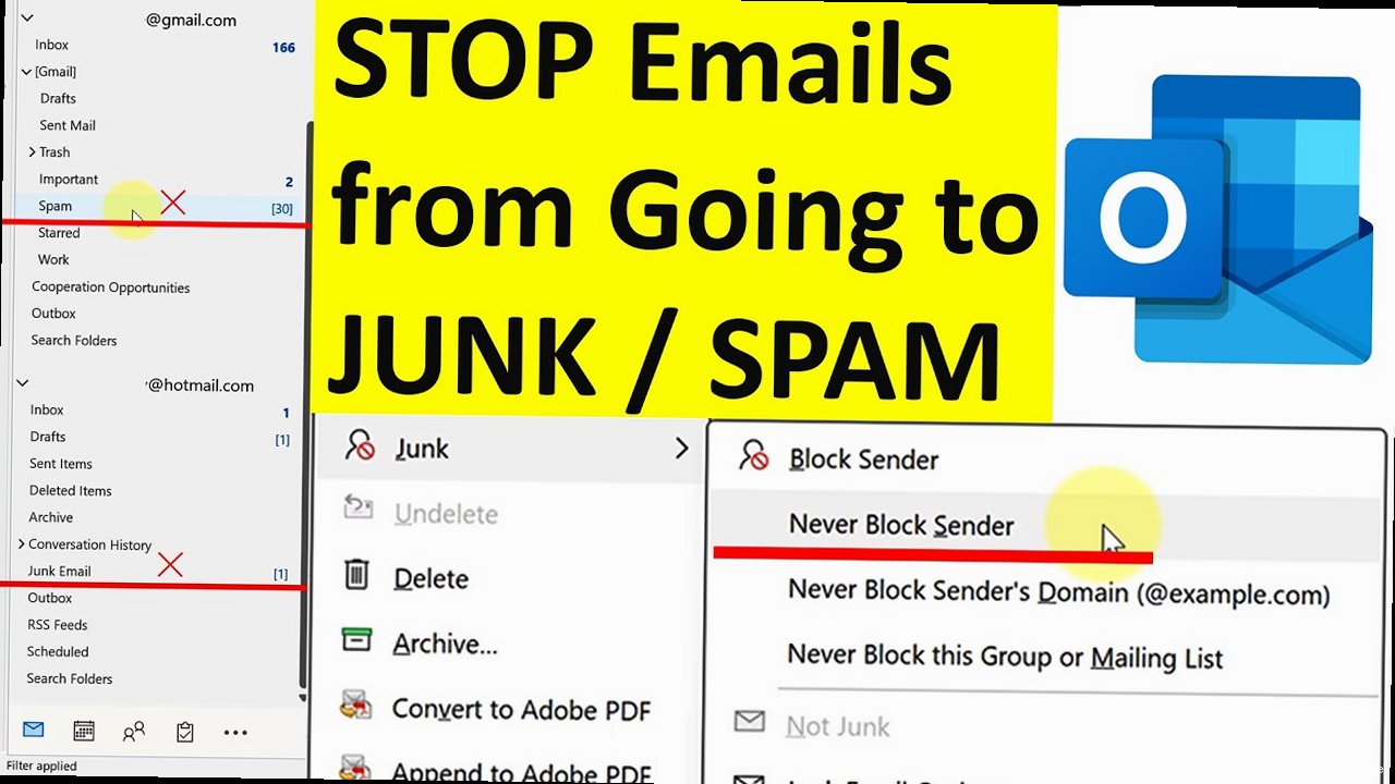 Illustration for Screenshot of Outlook's Safe Senders and Safe Domains settings panel. Outlook stop emails going to spam - Screenshot of Outlook's Safe Senders and Safe Domains settings panel.