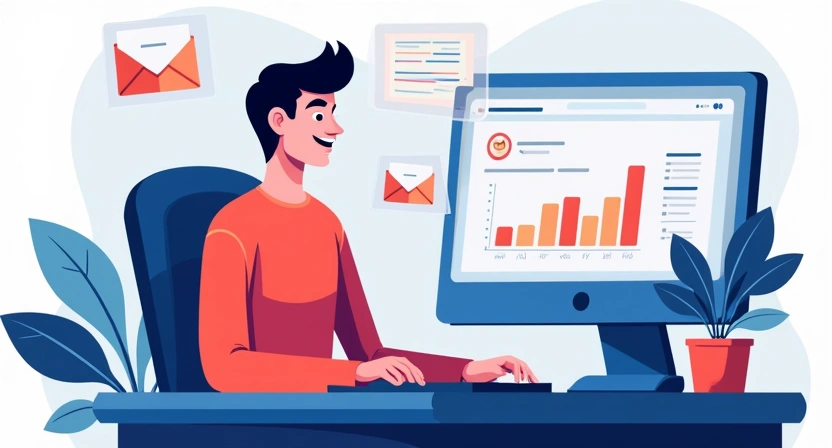 An illustrative image of a person at a computer, looking confident and successful, with a dashboard displaying positive email campaign metrics like high open rates and successful cold outreach. Focus on the positive outcome and ease of managing email sending with good SMTP services. Aspect ratio 800