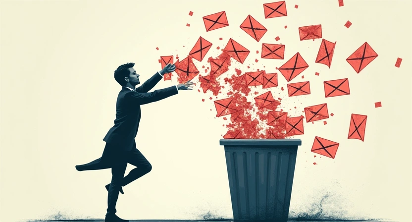 An illustrative digital image showing the negative impact of spam. A cascade of generic, unsolicited emails with red 'spam' or 'warning' flags are actively being diverted into a digital junk folder or trash can icon. The background could hint at a frustrated user or an ignored inbox. Clean yet conve