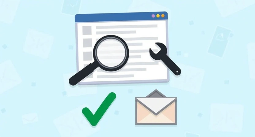 An illustrative image showing solutions for email bounce rate: a magnifying glass hovering over a clean email list, a hand with a wrench tightening a connection on an email server icon, and a green checkmark indicating successful delivery. Aspect ratio 800x450.