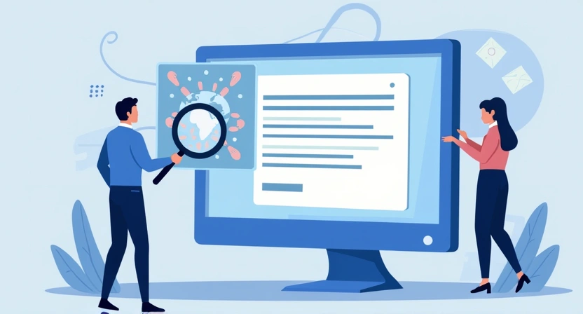 An illustrative digital image depicting strategic cold email outreach. A magnifying glass hovers over a segmented audience graphic or world map, symbolizing targeted prospecting. This focus leads to a computer screen displaying a clean email interface with a well-composed, personalized message ready