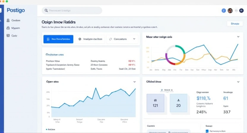 An illustrative image depicting email analytics and performance tracking for mass email campaigns, showing charts and graphs related to open rates, click-through rates, and delivery success within a Postigo dashboard. Emphasize data insights and strategies for avoiding spam. Clean and modern design,