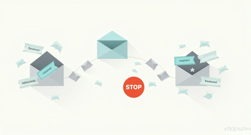An illustrative image depicting a pathway of successful emails reaching an inbox, with a clear 'STOP' sign or filter before an 'outbox' icon, emphasizing email verification occurring *before* sending. On one side, 'bounced' emails are shown as crumpled paper. On the other, 'verified' emails are flow