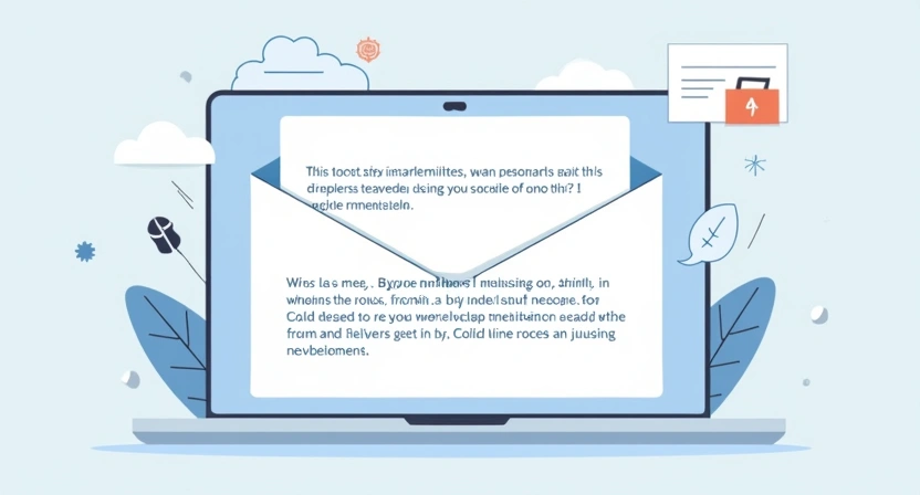 An illustrative graphic depicting an open email interface with placeholder text for a cold email template, highlighting a compelling subject line and a personalized introduction. The background is clean and digital, with a focus on effective communication strategy. 800x450 aspect ratio.