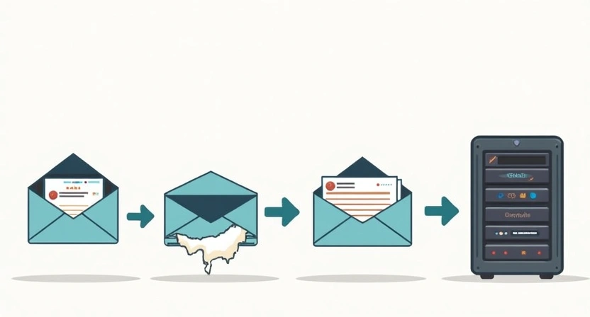 An illustrative image depicting common causes of email bounce: a broken email chain icon, a partially erased email address, and a server rack with a 'down' symbol. Emphasize technical issues and invalid addresses. Aspect ratio 800x450.
