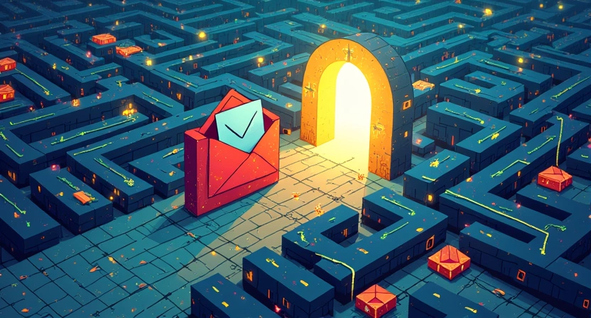 Illustrative, 800x450, a visual metaphor of an email navigating a complex digital maze or obstacle course, successfully avoiding various 'junk' and 'spam' traps to reach a brightly lit, open inbox at the end of the path. Use vibrant colors and clean lines.