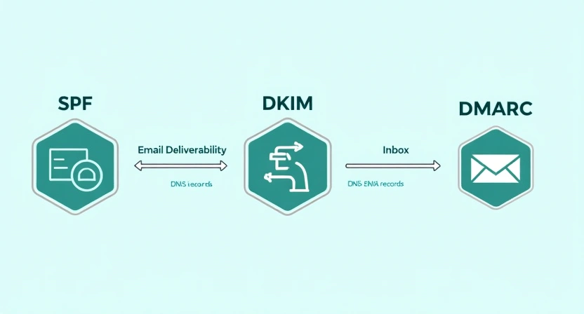 Illustrative image, 800x450, showing a conceptual diagram of SPF, DKIM, and DMARC records working in unison. Three distinct, interconnected hexagonal shapes, each clearly labeled 'SPF', 'DKIM', and 'DMARC', with arrows flowing towards a central 'Email Deliverability' or 'Inbox' icon. Clean, modern d