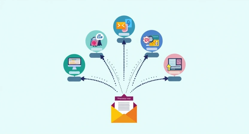 Illustrative image, 800x450, showing a stylized infographic of various lead sources (website form, social media, cold outreach) funneling into a central email list icon, with upward trending arrows symbolizing growth. Clean digital art style.