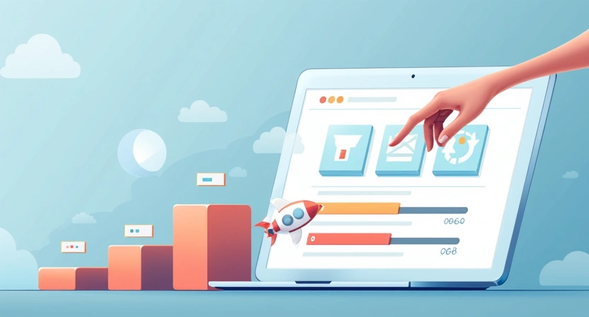 An illustrative, horizontal image (800x450) showing a hand interacting with a modern, clean digital interface or dashboard, specifically emphasizing scaling email campaigns. This could include sliders or dials representing volume, with a visual progression from small to large. Incorporate elements s