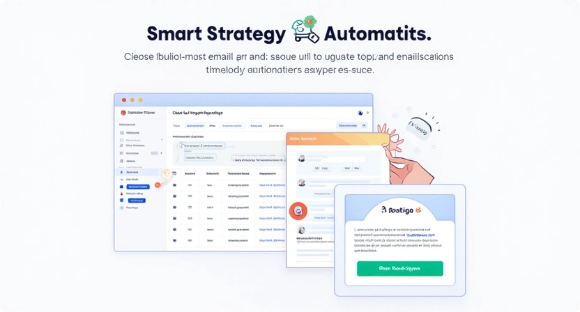 Illustrative image (800x450) depicting a user-friendly interface of an email outreach platform (like Postigo), showing various follow-up email sequences being set up, with a clear call-to-action button or analytics dashboard highlighting improved response rates. Emphasize smart strategy and automati