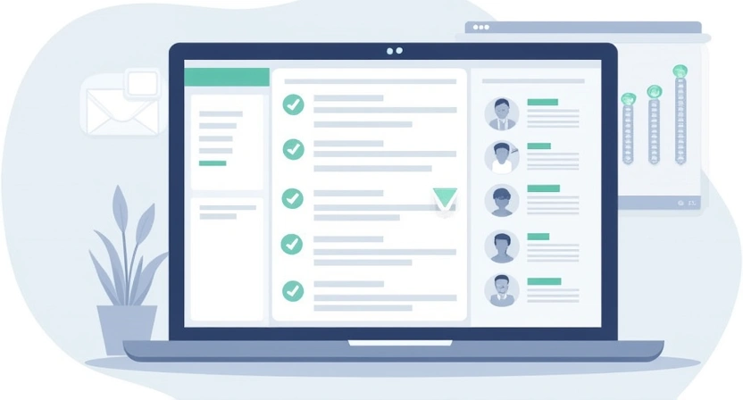 Illustrative image, 800x450, depicting the positive outcome of proper email authentication. A clean, modern laptop screen displaying an email inbox with multiple successfully delivered emails (green checkmarks/icons). In the background, a hint of a dashboard or analytics interface, possibly resembli