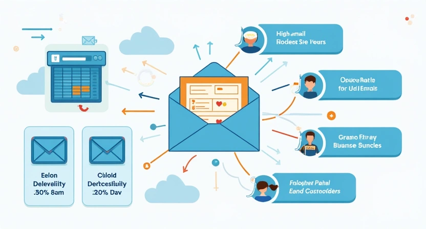 Illustrative image depicting successful email marketing outcomes using Amazon SES and Postigo. Visualize data charts and graphs showing high email deliverability, open rates, and low bounce rates. Include abstract representations of email flowing efficiently from a cloud service to recipients, symbo