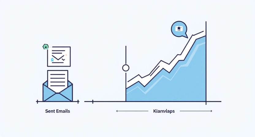 An illustrative infographic showing a progression from a 'sent email' icon to a 'reply' icon, with an upward-trending graph in between, symbolizing high reply rates and conversion. A small Postigo logo is subtly integrated to show platform usage. The style is modern, clean, and data-driven, 800x450 