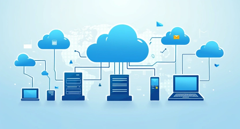 An illustrative image showing various server icons or cloud symbols connected by digital lines, representing different free SMTP providers working in harmony. Emphasize smooth data flow, reliability, and global reach for email campaigns. Aspect ratio 800x450, clean vector style.